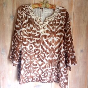 Alfred Dunner Size 14 Brown White Ikat Print shirt top blouse tunic